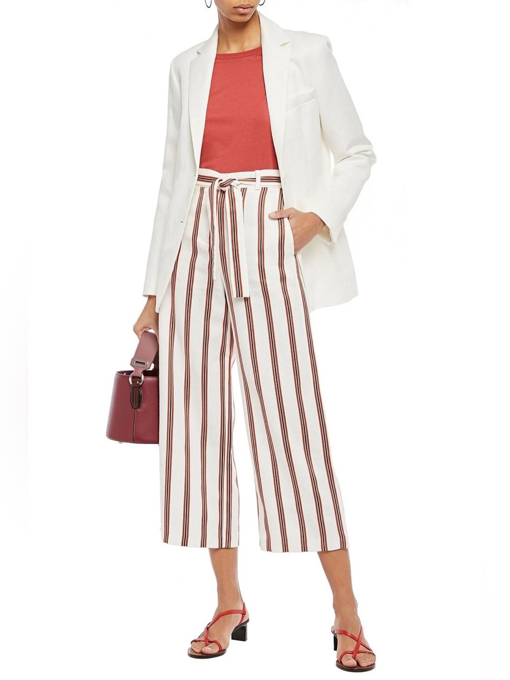 Maje Striped Paperbag Waist Wide-Leg Crop Pants - White/Rust